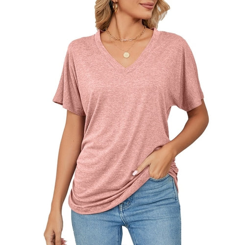 Women's T shirt 3d Simple Solid Color Printing V neck Tops Summer