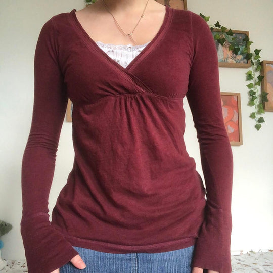 Y2k Cute Grunge Burgundy T-shirt 00s Vintage V Neck Long Sleeve Tees