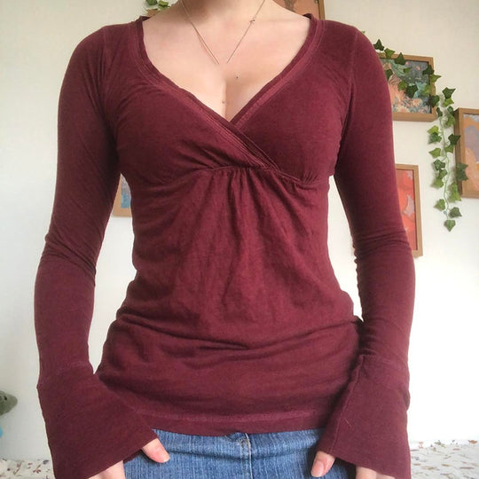 Y2k Cute Grunge Burgundy T-shirt 00s Vintage V Neck Long Sleeve Tees