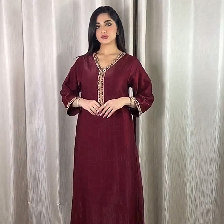 Women Solid Color Drill Robe Dress (Color:Red Wine Size:S)