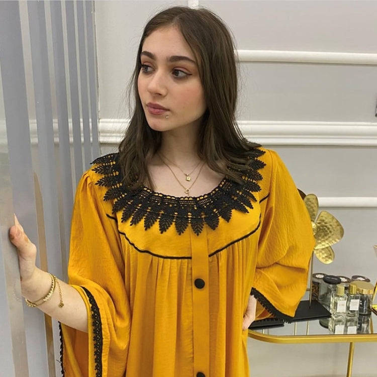 Women Solid Color Lace Collar Flower Dress (Color:Yellow Size:L)