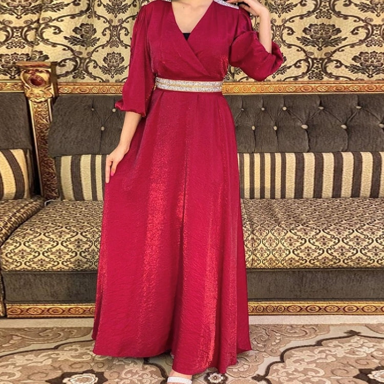 Women Solid Color Diamond-studded Waist Puff Sleeve Dress (Color:Red