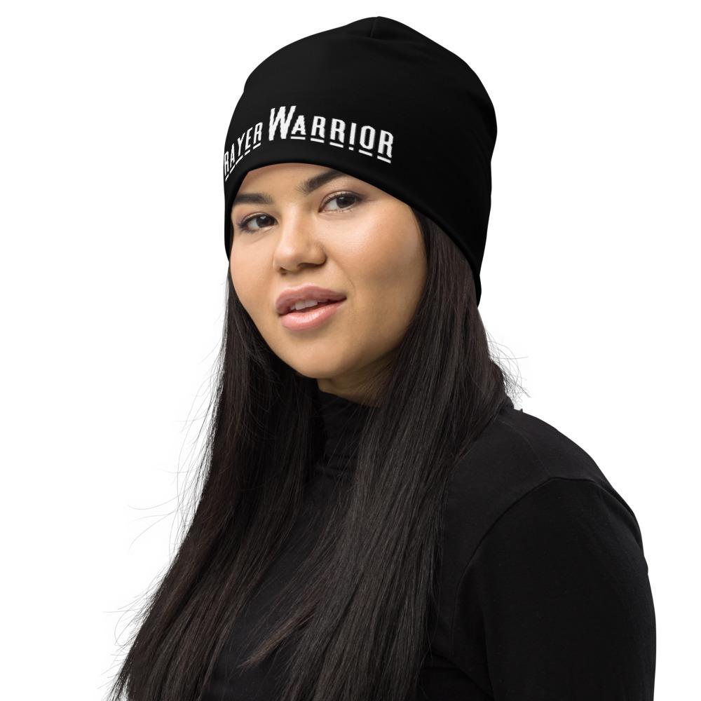Beanie Hat - Black Slouchy Beanie Prayer Warrior Print Men/women