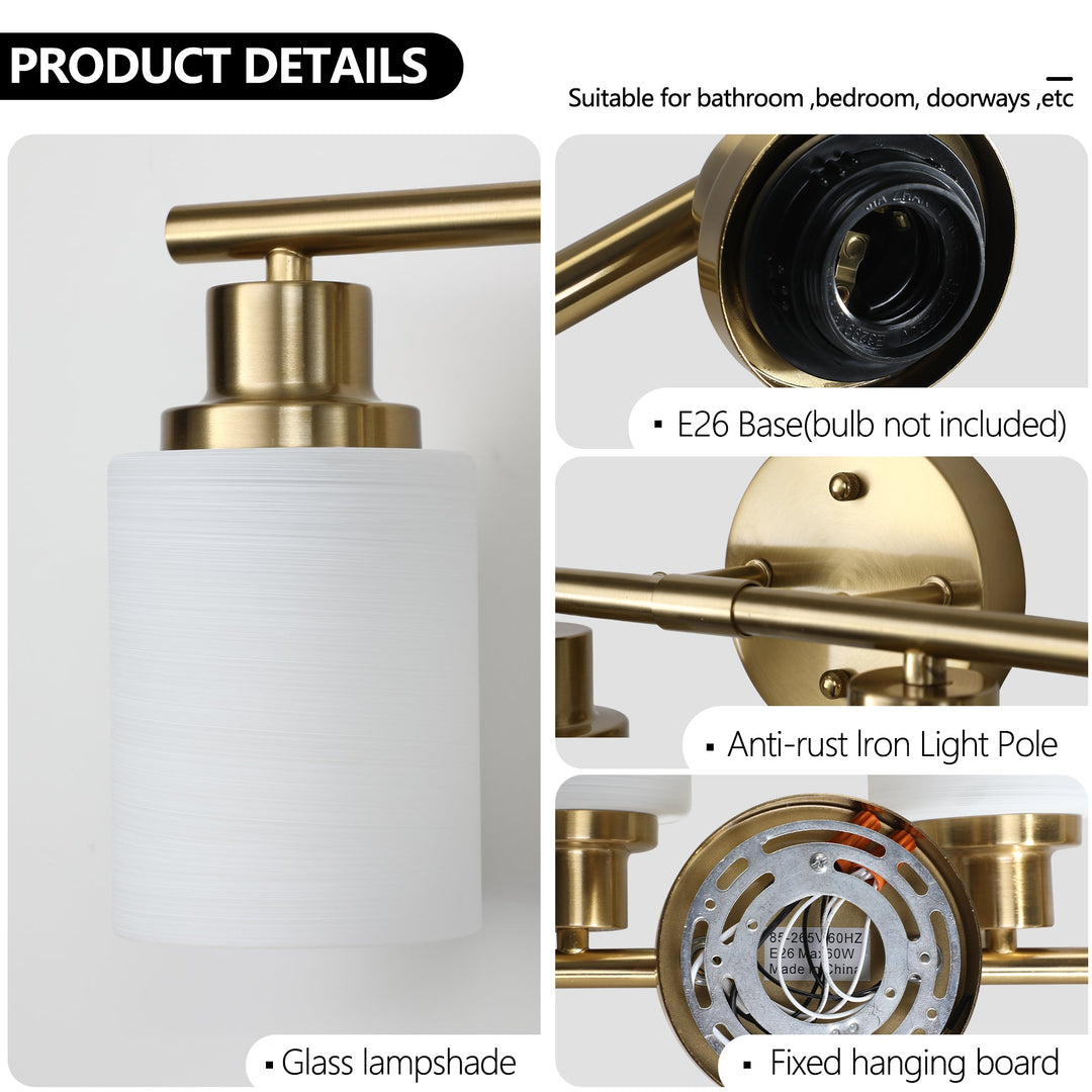 6-Light Golden Bathroom Vanity Light Fixture, Frosted Glass Shades,