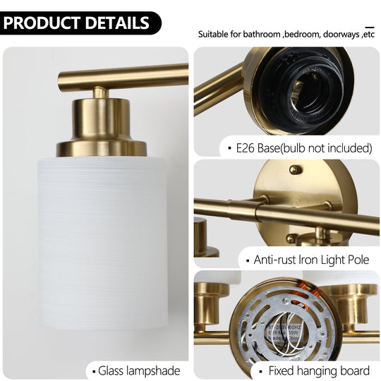 6-Light Golden Bathroom Vanity Light Fixture, Frosted Glass Shades,