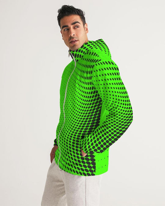 Mens Hooded Windbreaker - Neon Green Polka Dot Water Resistant Jacket