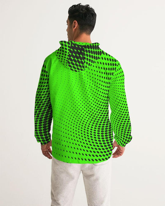 Mens Hooded Windbreaker - Neon Green Polka Dot Water Resistant Jacket