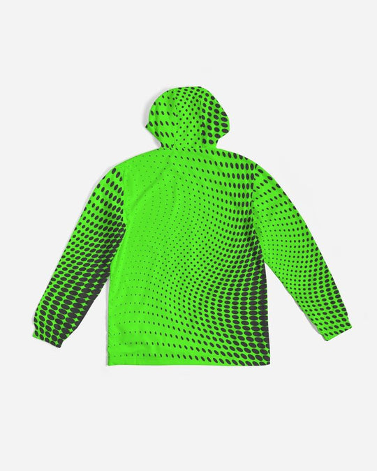 Mens Hooded Windbreaker - Neon Green Polka Dot Water Resistant Jacket