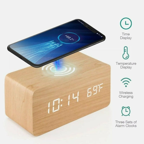 Wooden Alarm Clock with Wireless Charger