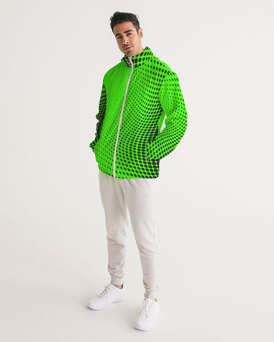Mens Hooded Windbreaker - Neon Green Polka Dot Water Resistant Jacket