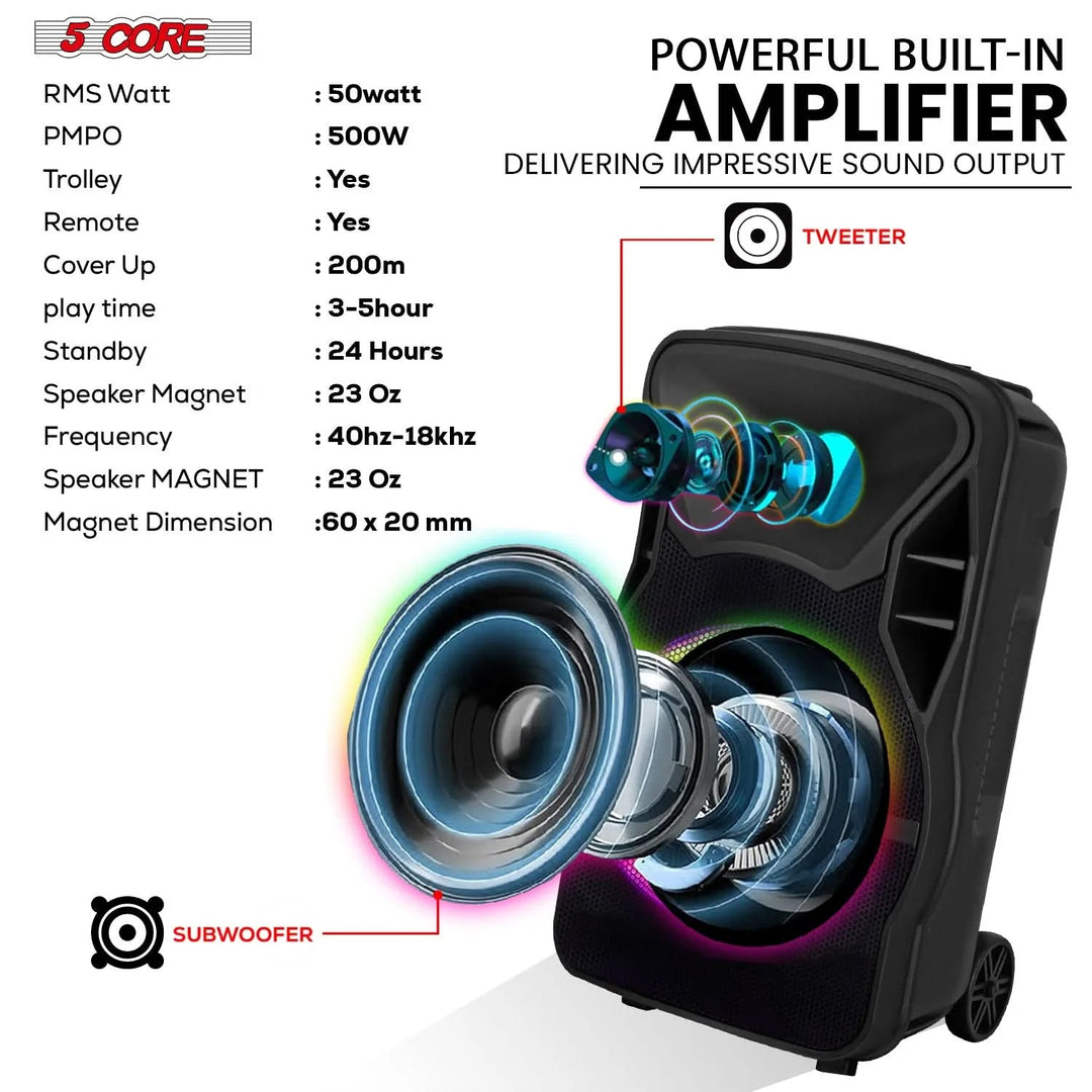 5Core 12 Inch PA Portable Bluetooth Party Speaker Karaoke Boombox + 2