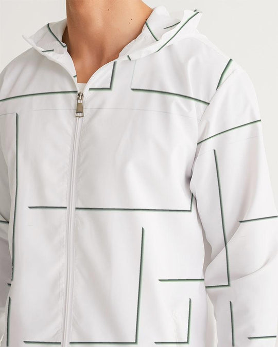 Mens Hooded Windbreaker - White Grid Pattern Water Resistant Jacket