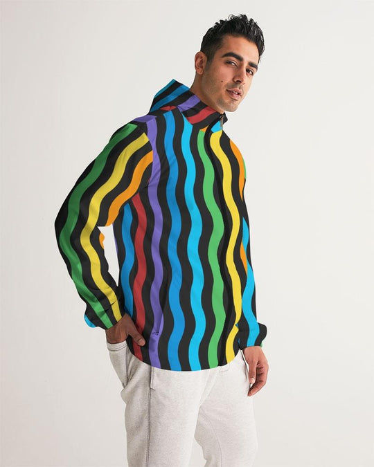 Mens Hooded Windbreaker - Rainbow Striped Water Resistant Jacket -