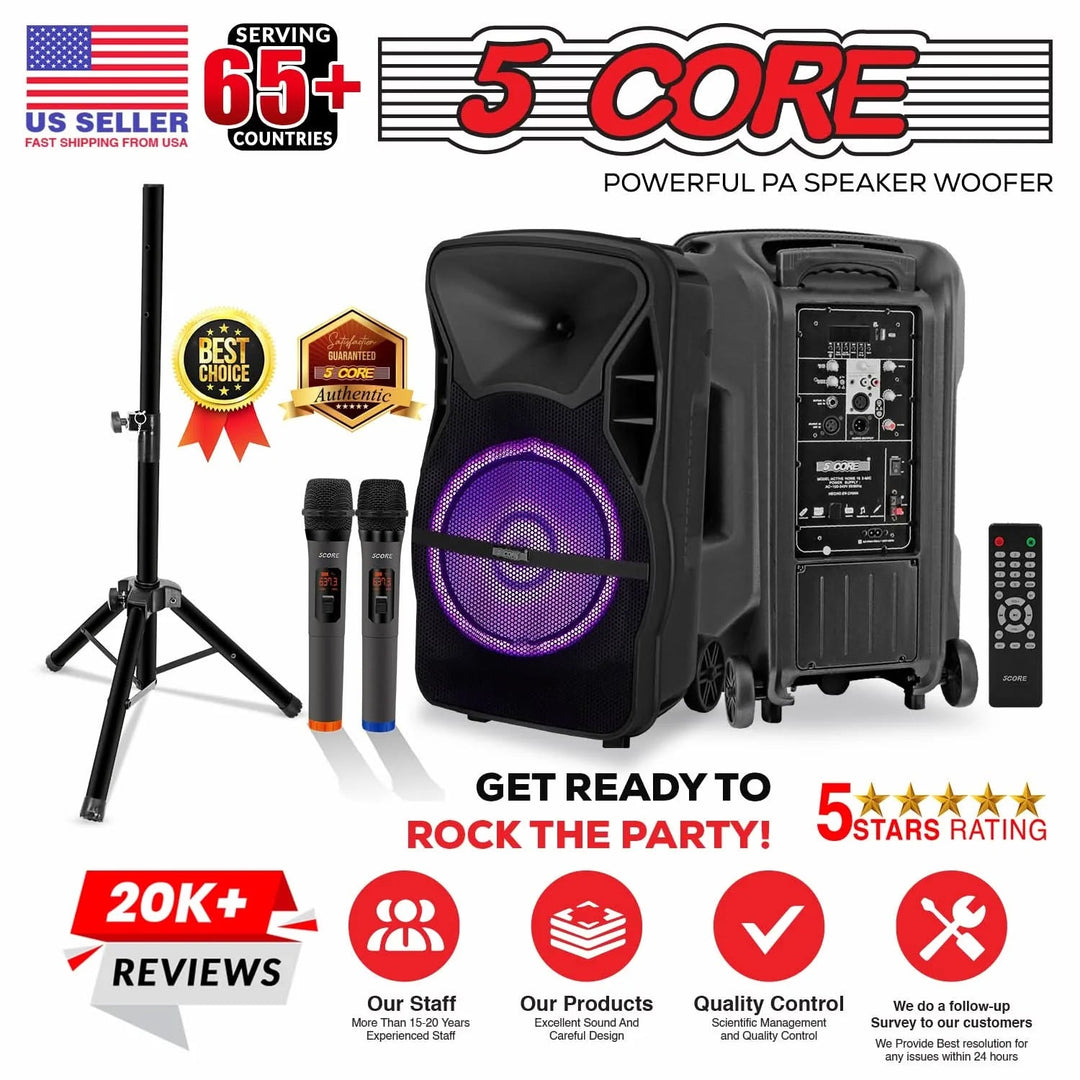 5Core 12 Inch PA Portable Bluetooth Party Speaker Karaoke Boombox + 2