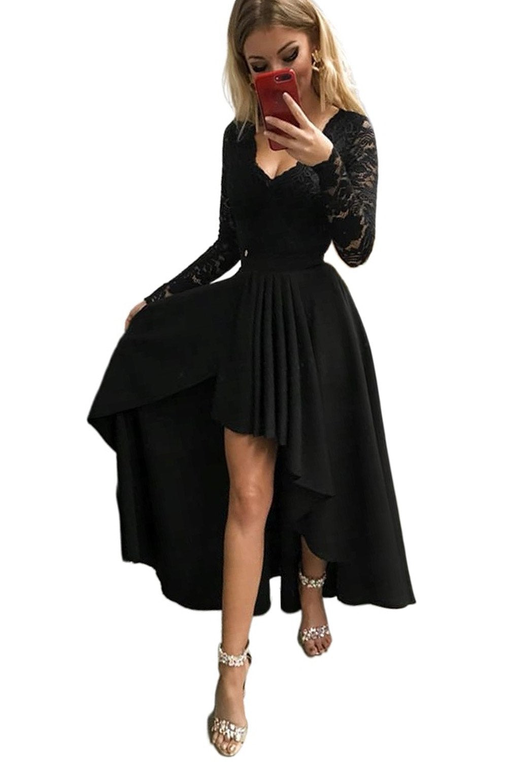 Dark Blue V-neck Lace Backless High and Low Hem Evening Dress