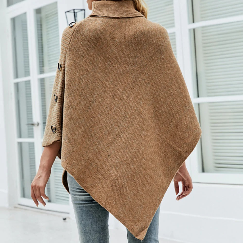 Womens Turtleneck Poncho With Side Buttons Details.