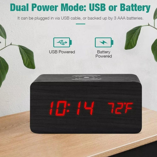 Wooden Alarm Clock with Wireless Charger