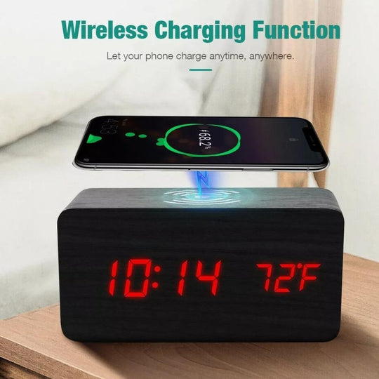 Wooden Alarm Clock with Wireless Charger