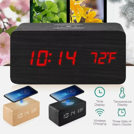 Wooden Alarm Clock with Wireless Charger