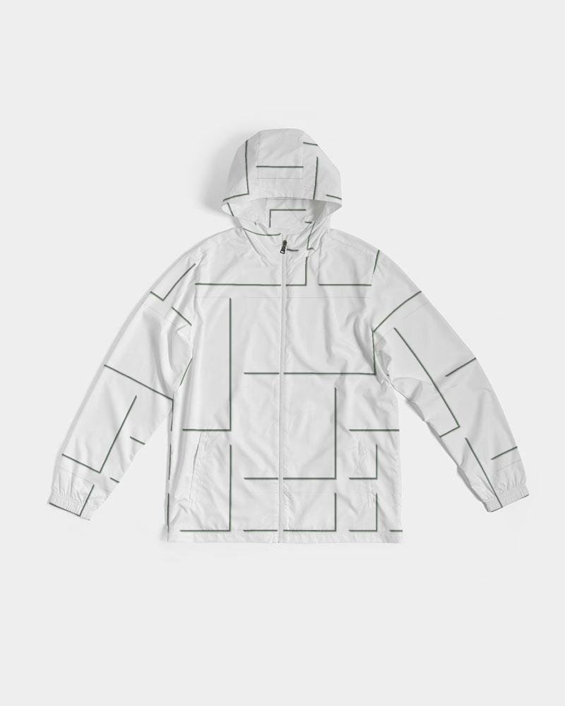Mens Hooded Windbreaker - White Grid Pattern Water Resistant Jacket