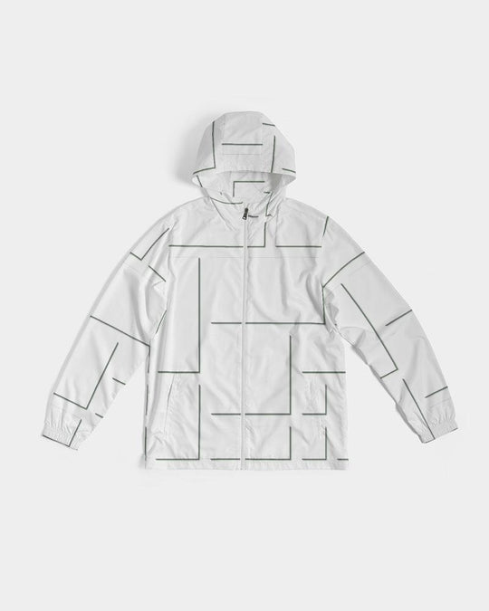 Mens Hooded Windbreaker - White Grid Pattern Water Resistant Jacket