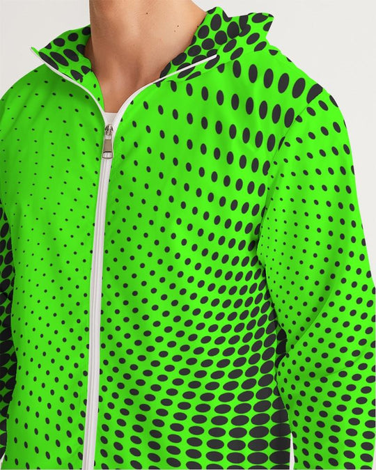 Mens Hooded Windbreaker - Neon Green Polka Dot Water Resistant Jacket