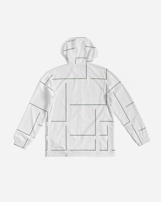 Mens Hooded Windbreaker - White Grid Pattern Water Resistant Jacket