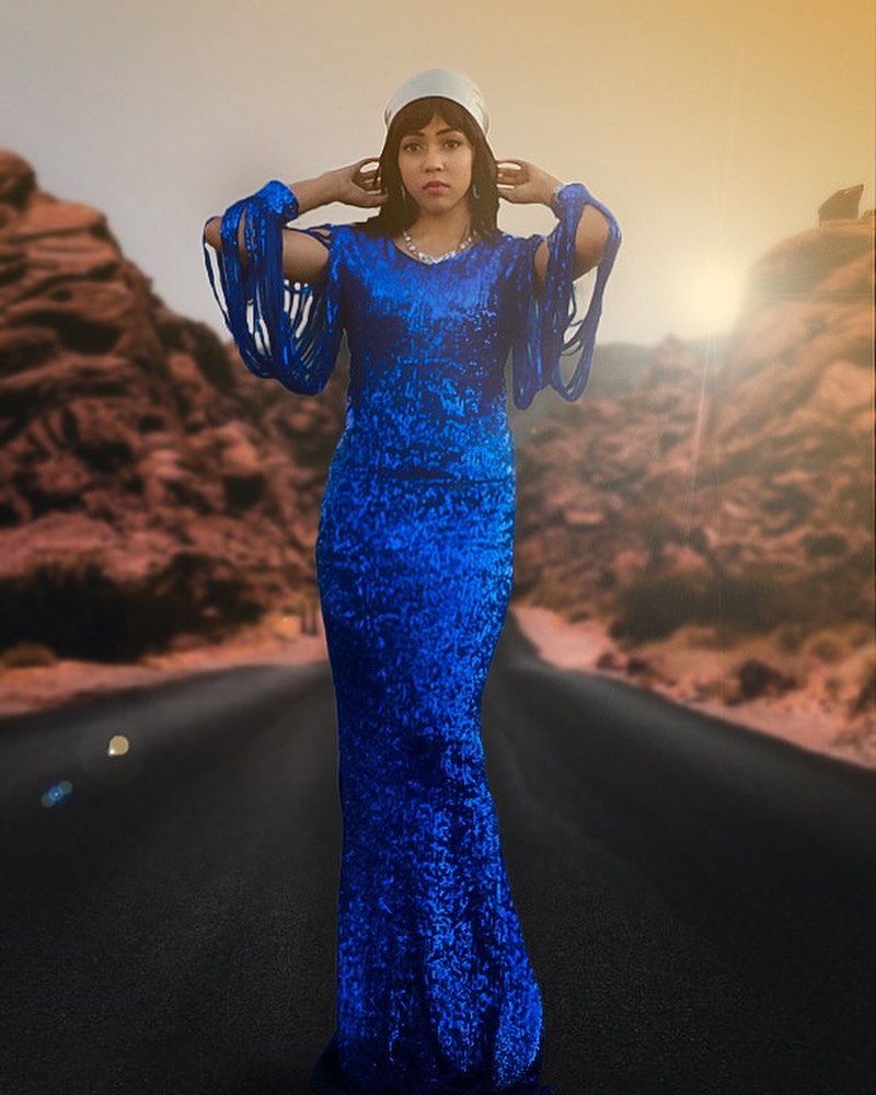 Blue Sequin Fringe Sleeve Party Maxi Evening Dress
