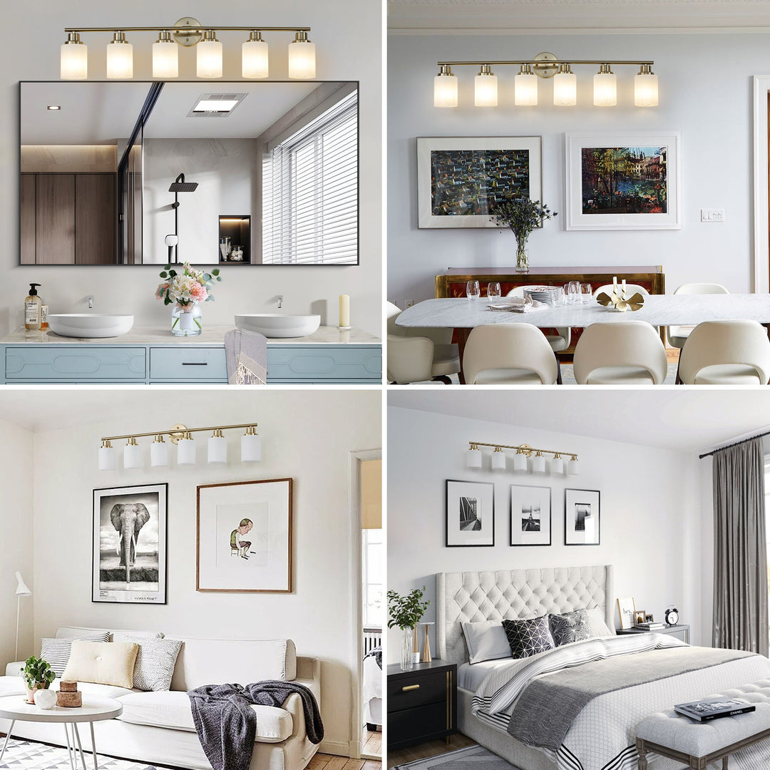 6-Light Golden Bathroom Vanity Light Fixture, Frosted Glass Shades,