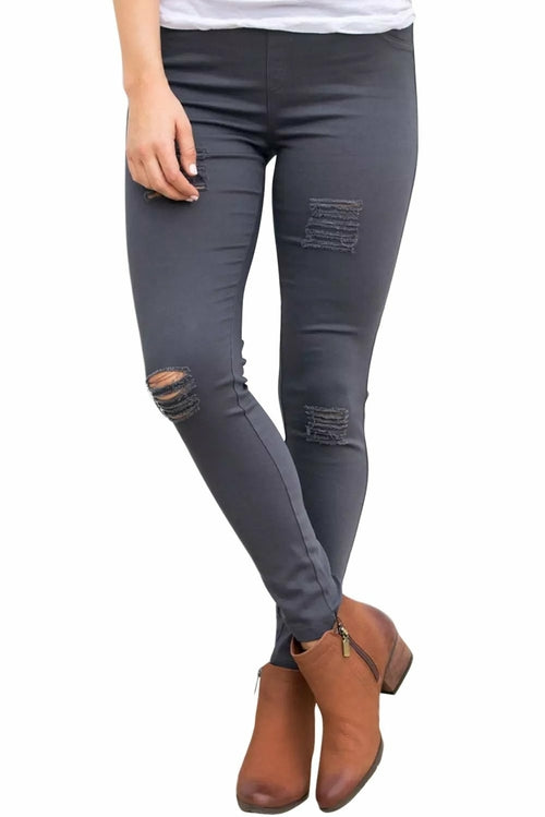 Gray Distressed Front Hole Stretch Denim Pants - Slim Fit & Trendy