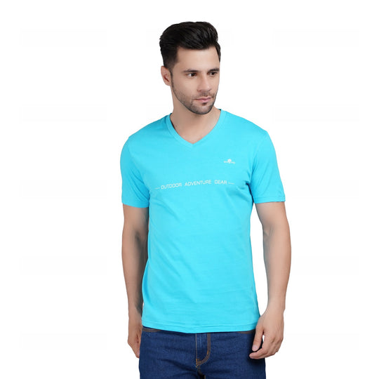 Men Printed V Neck Cotton Sky Blue T-Shirt (Size XL)