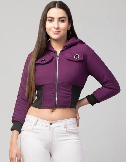 Women Solid Light Weight Casual Short Jacket (Color Purple) (Size M)