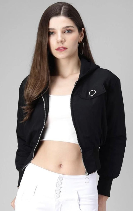 Women Solid Light Weight Casual Short Jacket (Color Black) (Size XL)