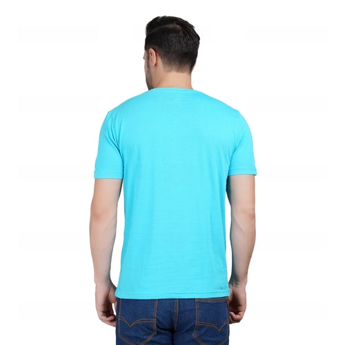 Men Printed V Neck Cotton Sky Blue T-Shirt (Size XL)