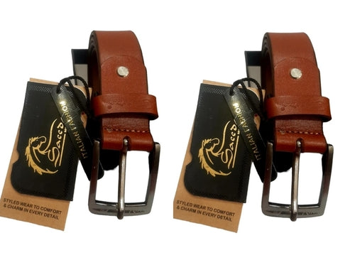 Men Black Genuine Leather Belt PACK OF 2 (Size-34) (Color-BROWN)