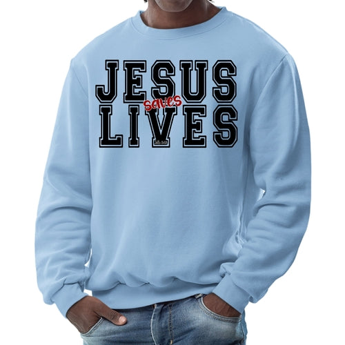 Mens Graphic Sweatshirt - Jesus Saves Lives Black Red Illustration