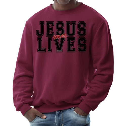 Mens Graphic Sweatshirt - Jesus Saves Lives Black Red Illustration