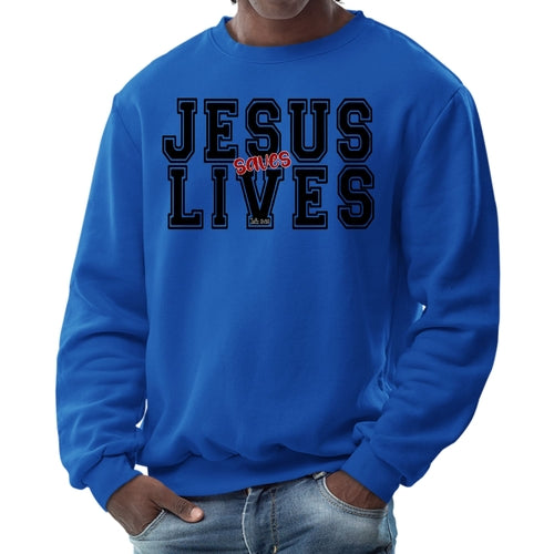 Mens Graphic Sweatshirt - Jesus Saves Lives Black Red Illustration