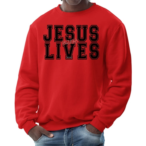 Mens Graphic Sweatshirt - Jesus Saves Lives Black Red Illustration