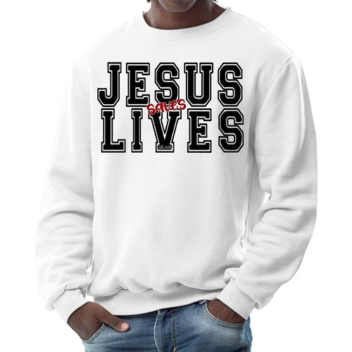 Mens Graphic Sweatshirt - Jesus Saves Lives Black Red Illustration