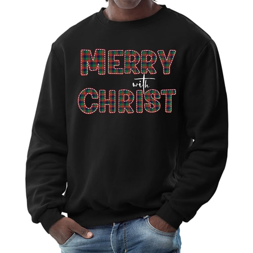 Mens Graphic Sweatshirt - Merry with Christ - Red and Green Plaid