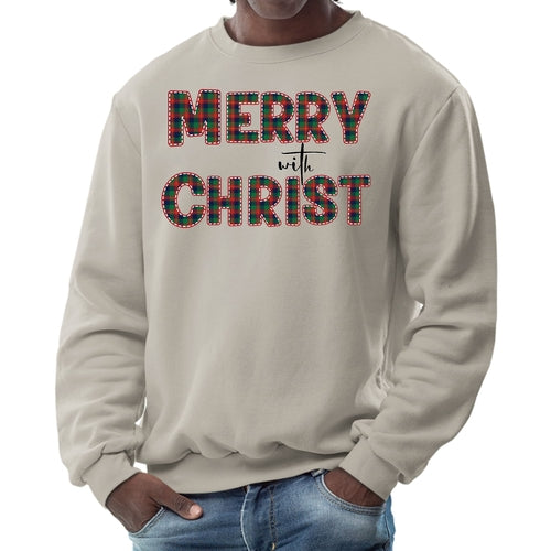 Mens Graphic Sweatshirt - Merry with Christ - Red and Green Plaid