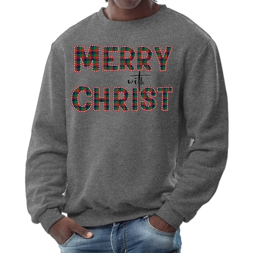 Mens Graphic Sweatshirt - Merry with Christ - Red and Green Plaid