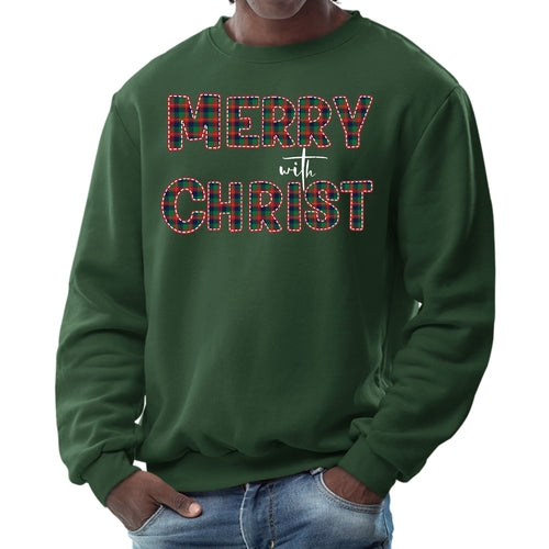 Mens Graphic Sweatshirt - Merry with Christ - Red and Green Plaid