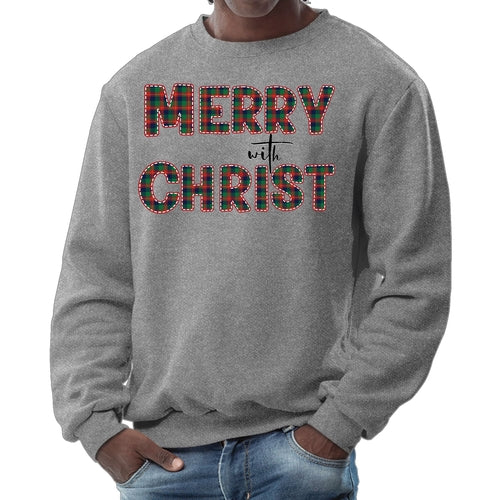 Mens Graphic Sweatshirt - Merry with Christ - Red and Green Plaid