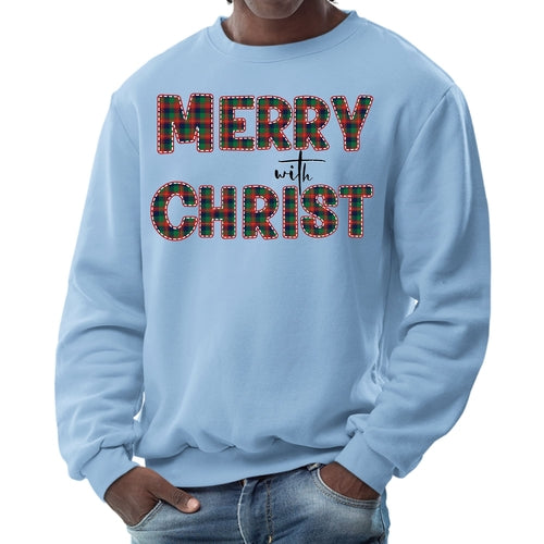 Mens Graphic Sweatshirt - Merry with Christ - Red and Green Plaid