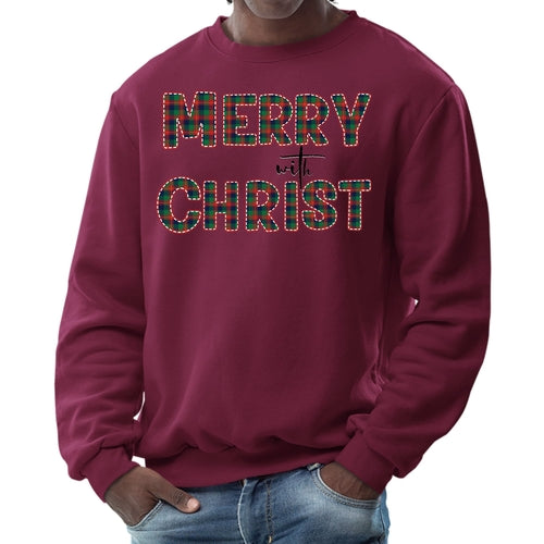 Mens Graphic Sweatshirt - Merry with Christ - Red and Green Plaid
