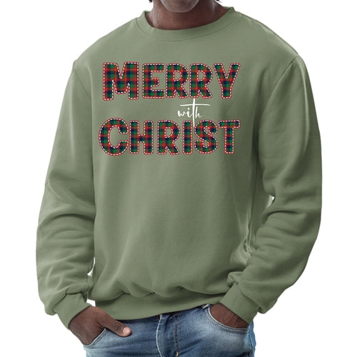 Mens Graphic Sweatshirt - Merry with Christ - Red and Green Plaid