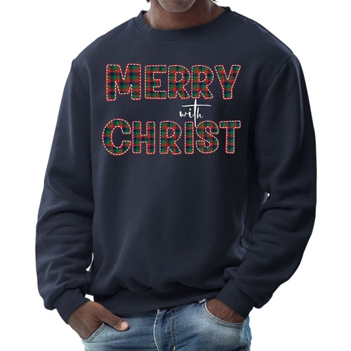 Mens Graphic Sweatshirt - Merry with Christ - Red and Green Plaid