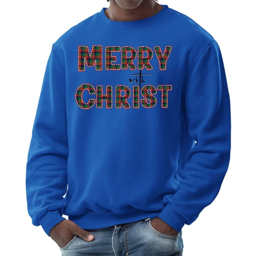 Mens Graphic Sweatshirt - Merry with Christ - Red and Green Plaid